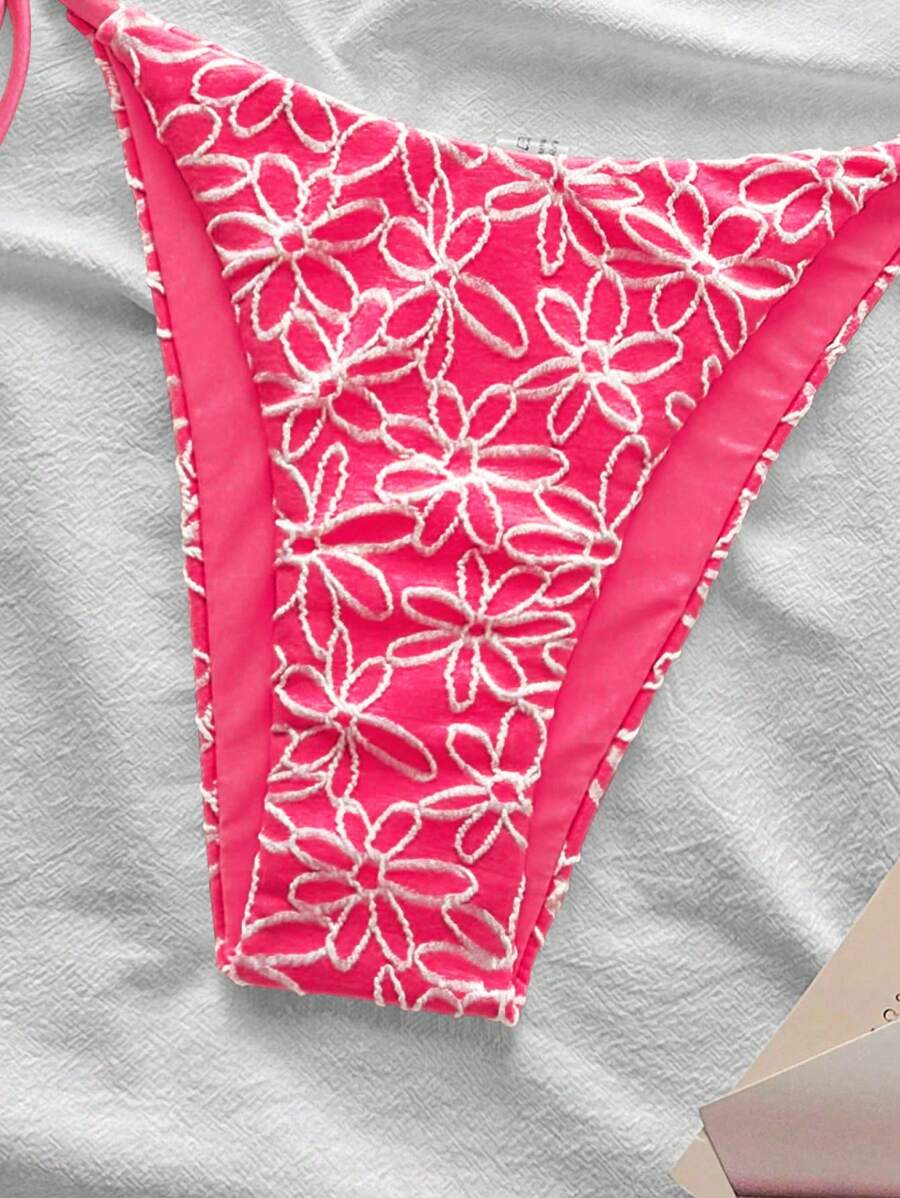 Çiçek Desenli Boyundan Bağlamalı Bikini Ve Bağcıklı Bikini Altı Takımı Niebbla