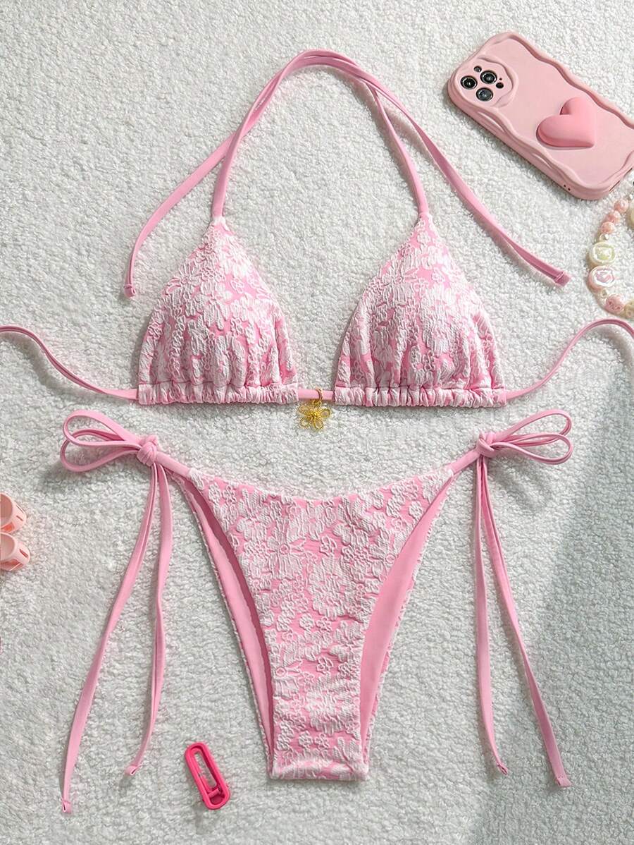 Çiçek Desenli Boyundan Bağlamalı Bikini Ve Bağcıklı Bikini Altı Takımı Niebbla