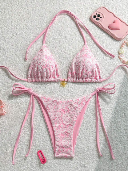 Çiçek Desenli Boyundan Bağlamalı Bikini Ve Bağcıklı Bikini Altı Takımı Niebbla