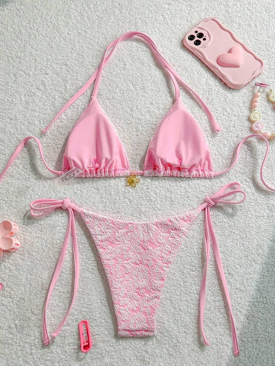 Çiçek Desenli Boyundan Bağlamalı Bikini Ve Bağcıklı Bikini Altı Takımı Niebbla