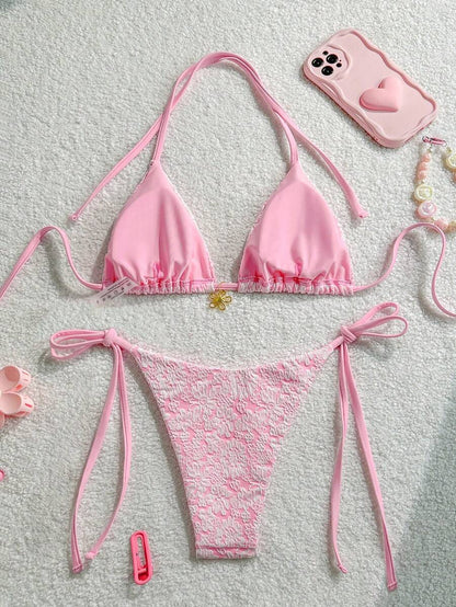 Çiçek Desenli Boyundan Bağlamalı Bikini Ve Bağcıklı Bikini Altı Takımı Niebbla