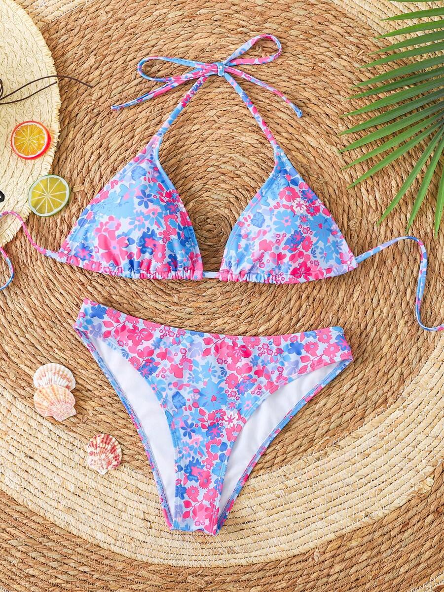 Çiçek Desenli Halter Bağcıklı Bikini Takımı Niebbla