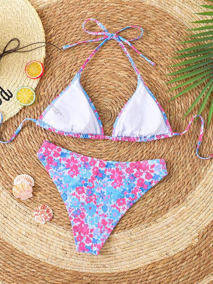 Çiçek Desenli Halter Bağcıklı Bikini Takımı Niebbla