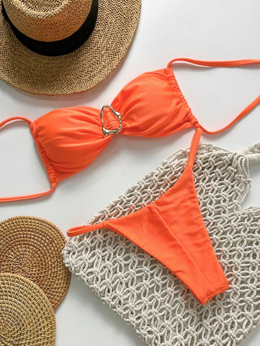 Pembe Straplez Bağcıklı Metal Detaylı Bikini Takımı Niebbla