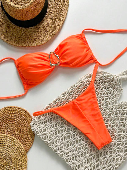 Pembe Straplez Bağcıklı Metal Detaylı Bikini Takımı Niebbla