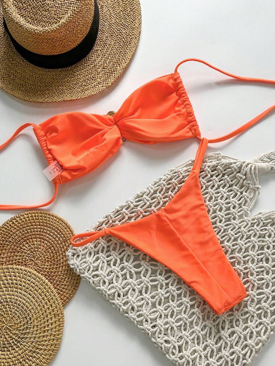Pembe Straplez Bağcıklı Metal Detaylı Bikini Takımı Niebbla