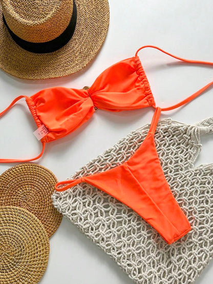 Pembe Straplez Bağcıklı Metal Detaylı Bikini Takımı Niebbla