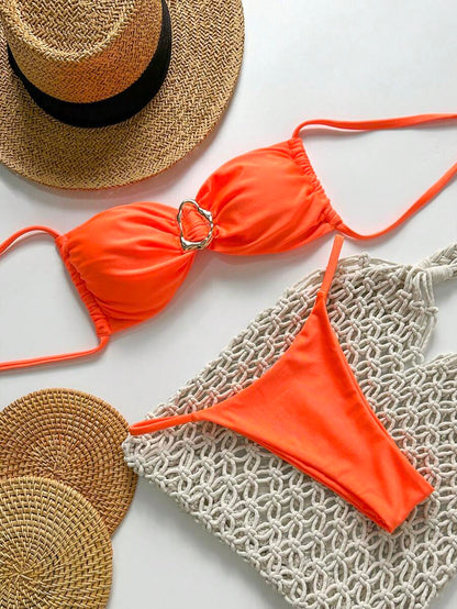 Pembe Straplez Bağcıklı Metal Detaylı Bikini Takımı Niebbla