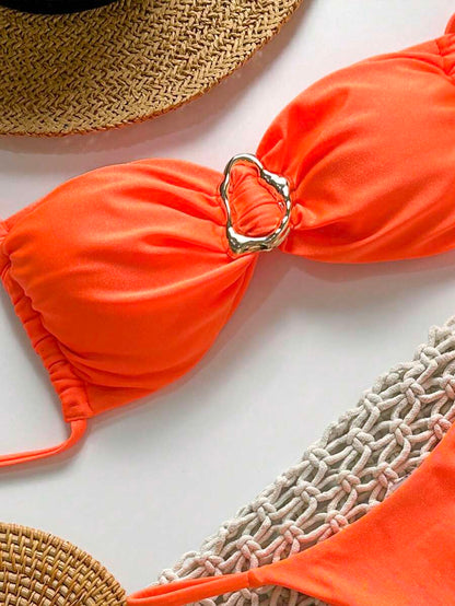 Pembe Straplez Bağcıklı Metal Detaylı Bikini Takımı Niebbla