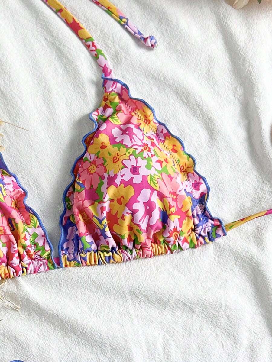Çiçekli Dantel Pileli Bikini Takımı Niebbla