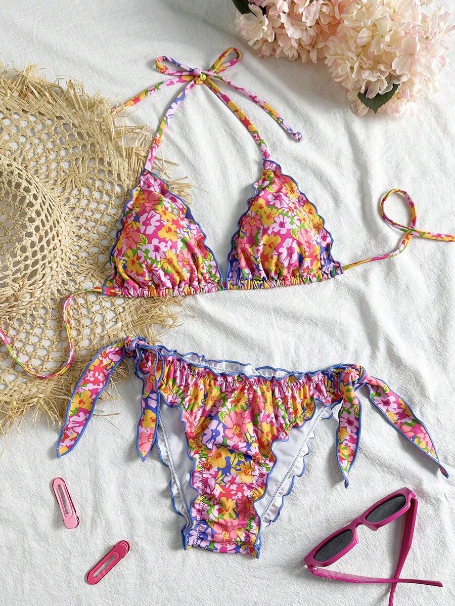 Çiçekli Dantel Pileli Bikini Takımı Niebbla