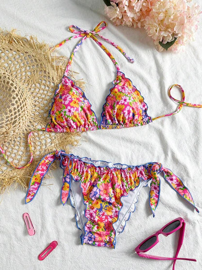 Çiçekli Dantel Pileli Bikini Takımı Niebbla