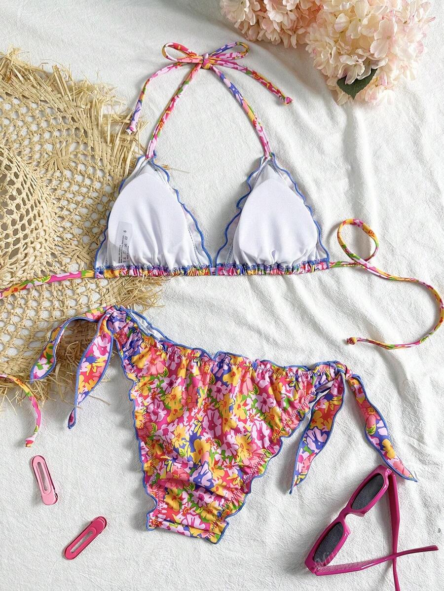 Çiçekli Dantel Pileli Bikini Takımı Niebbla