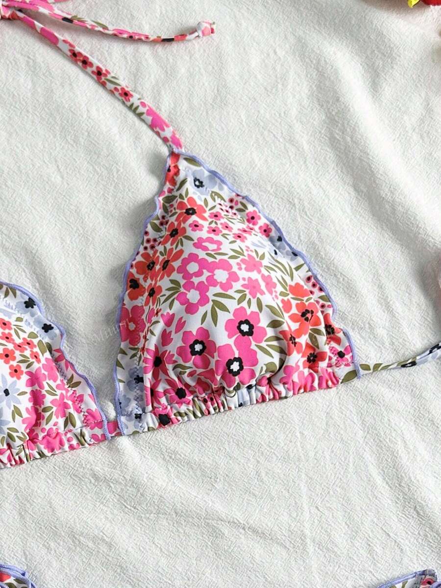 Çiçekli Dantel Pileli Bikini Takımı Niebbla