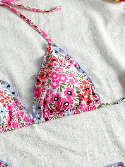 Çiçekli Dantel Pileli Bikini Takımı Niebbla