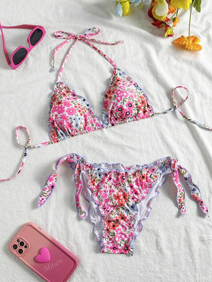 Çiçekli Dantel Pileli Bikini Takımı Niebbla