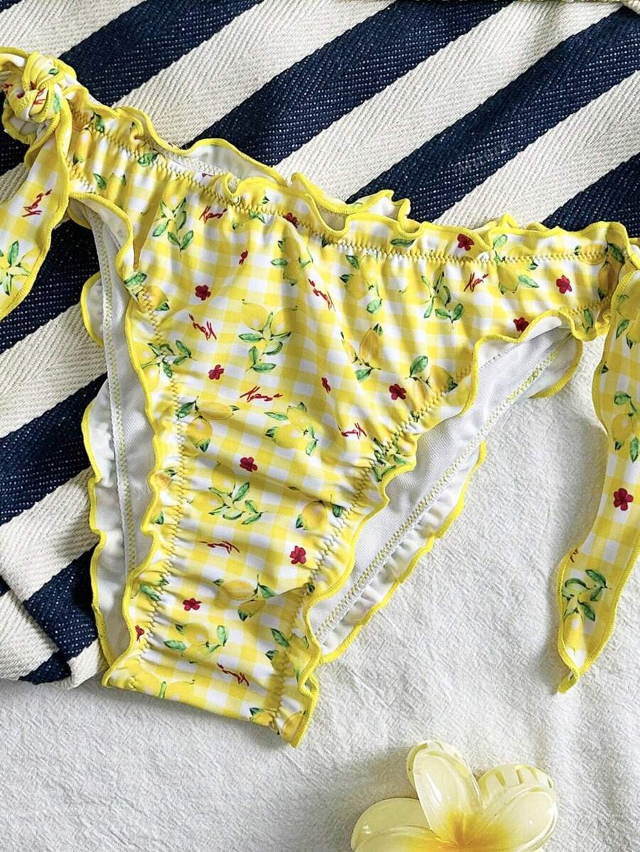 Çiçekli Dantel Pileli Bikini Takımı Niebbla