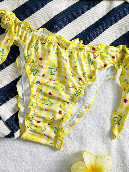 Çiçekli Dantel Pileli Bikini Takımı Niebbla