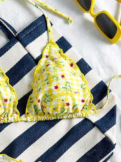 Çiçekli Dantel Pileli Bikini Takımı Niebbla