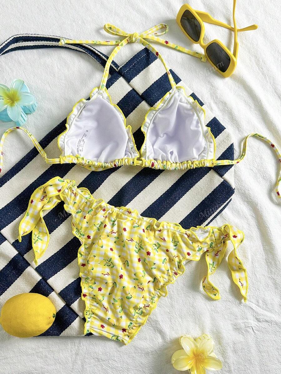 Çiçekli Dantel Pileli Bikini Takımı Niebbla