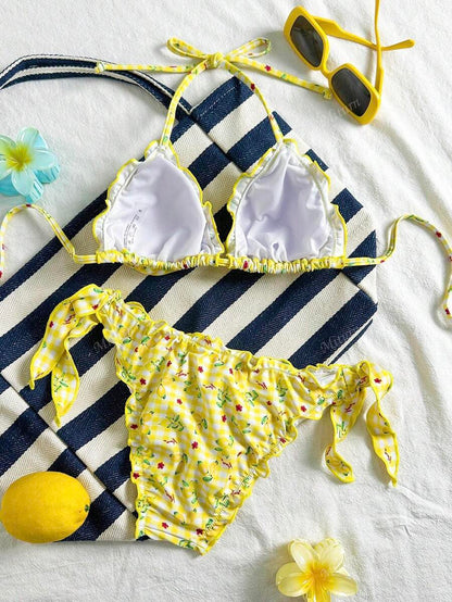 Çiçekli Dantel Pileli Bikini Takımı Niebbla