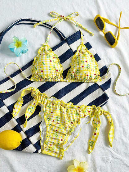 Çiçekli Dantel Pileli Bikini Takımı Niebbla