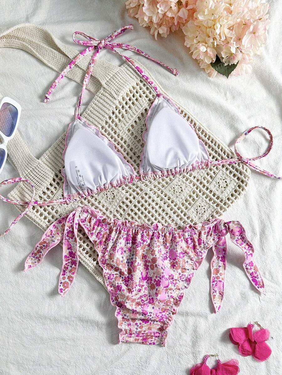 Çiçekli Dantel Pileli Bikini Takımı Niebbla