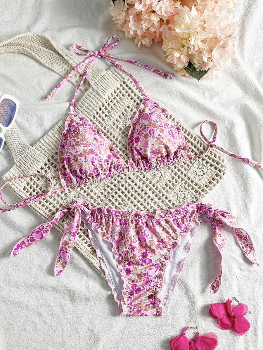 Çiçekli Dantel Pileli Bikini Takımı Niebbla