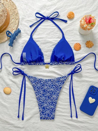 Çiçek Desenli Boyundan Bağlamalı Bikini Ve Bağcıklı Bikini Altı Takımı Niebbla