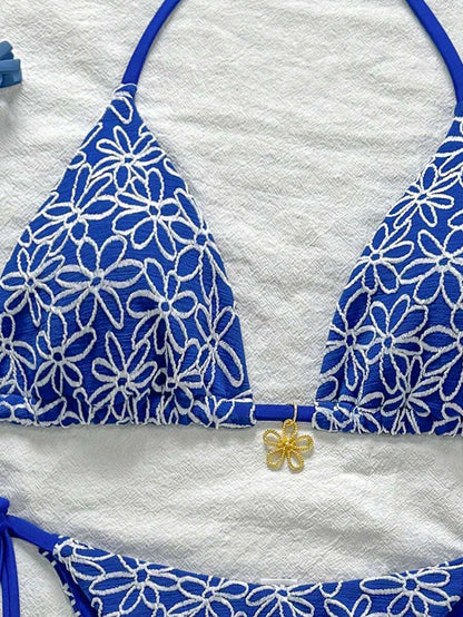 Çiçek Desenli Boyundan Bağlamalı Bikini Ve Bağcıklı Bikini Altı Takımı Niebbla