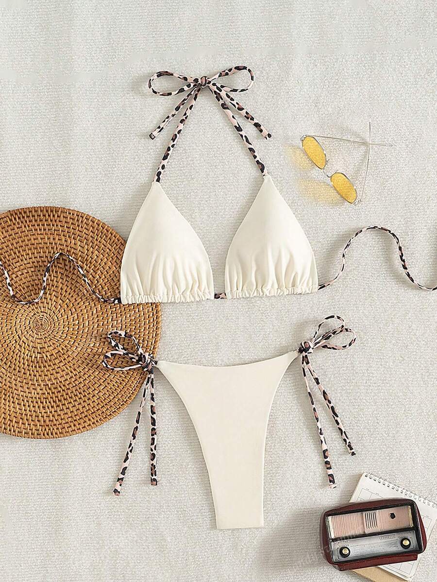 Leopar Desenli Boyundan Bağlamalı Bikini Takımı Niebbla