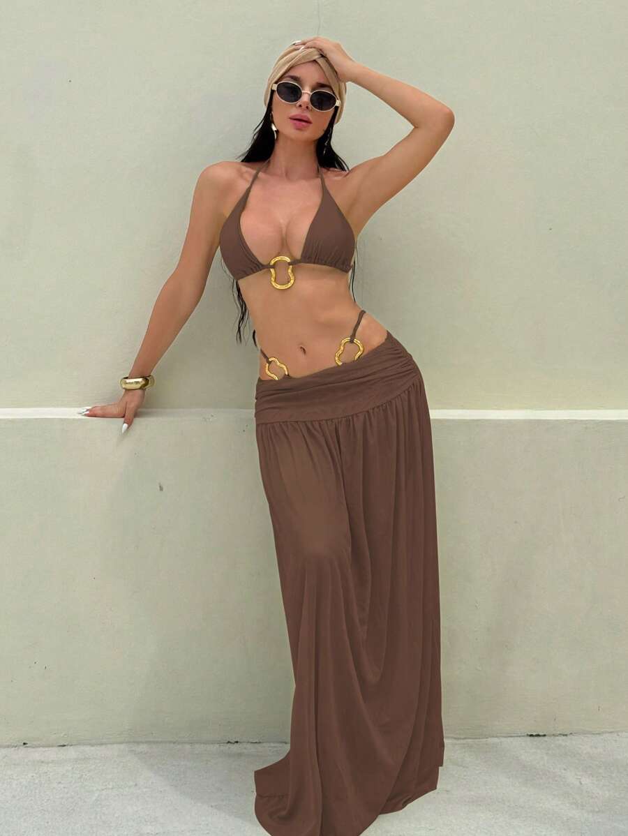 Parlak Kumaş Boyundan Bağlamalı Bikini, Asimetrik Halka Detaylı Uzun File Plaj Elbisesi Niebbla