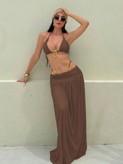 Parlak Kumaş Boyundan Bağlamalı Bikini, Asimetrik Halka Detaylı Uzun File Plaj Elbisesi Niebbla