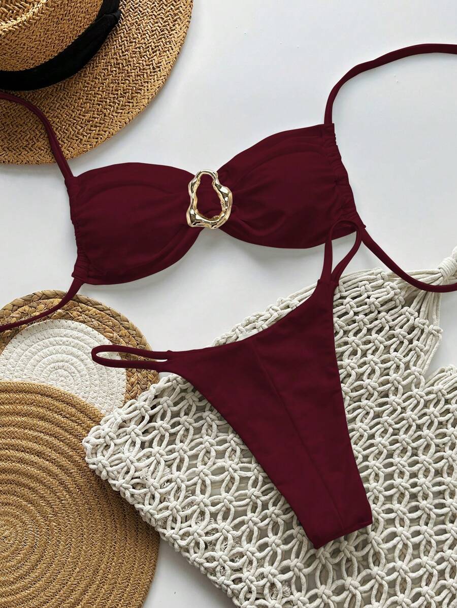 Pembe Straplez Bağcıklı Metal Detaylı Bikini Takımı Niebbla
