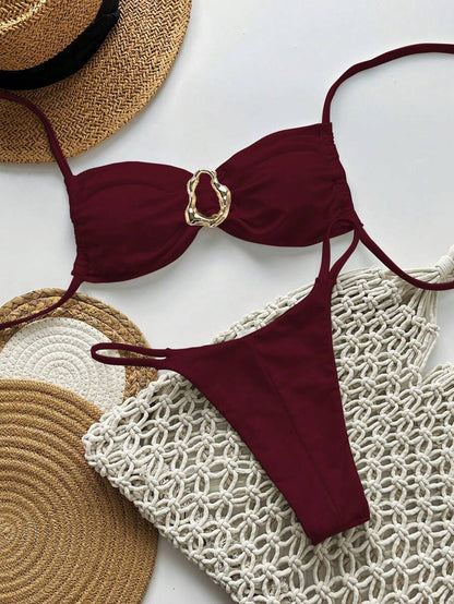 Pembe Straplez Bağcıklı Metal Detaylı Bikini Takımı Niebbla