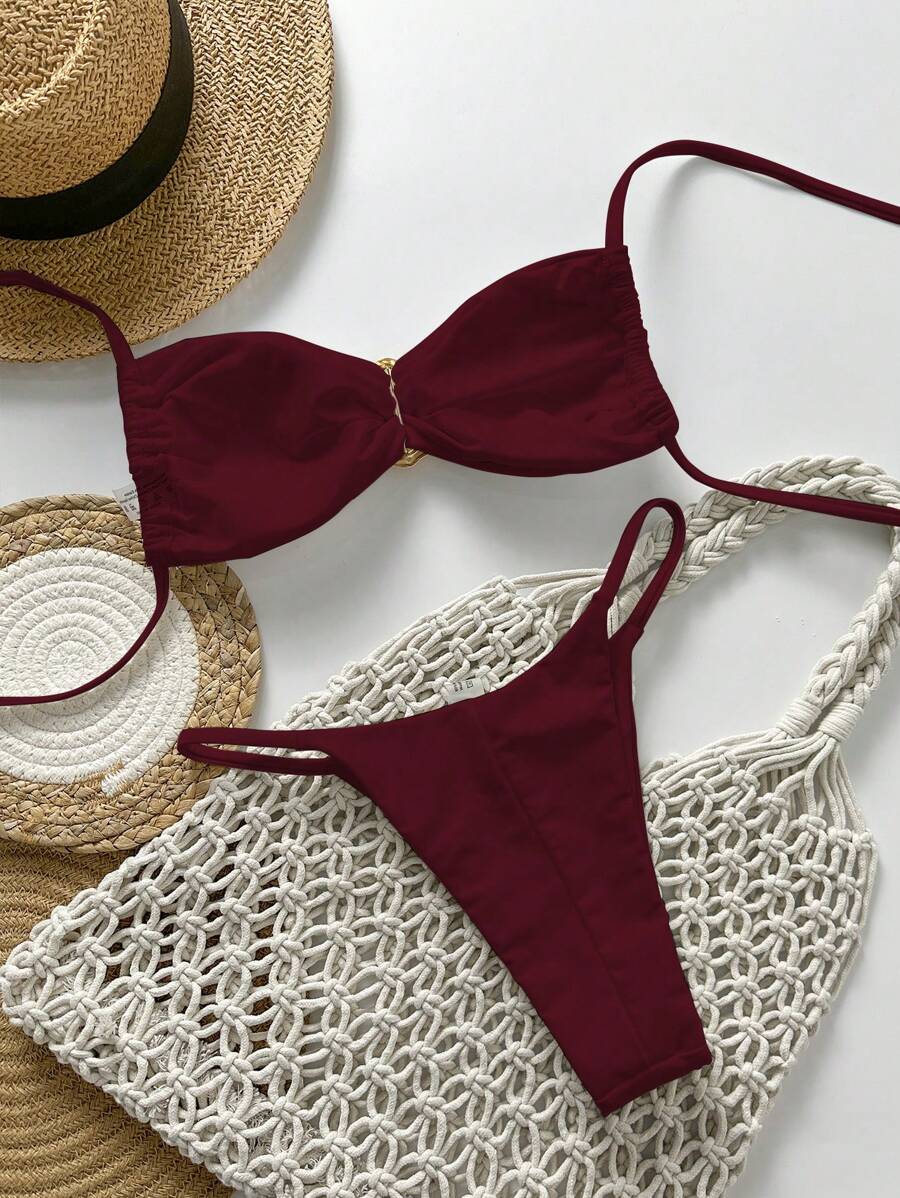 Pembe Straplez Bağcıklı Metal Detaylı Bikini Takımı Niebbla