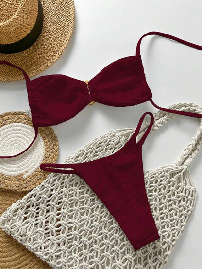 Pembe Straplez Bağcıklı Metal Detaylı Bikini Takımı Niebbla