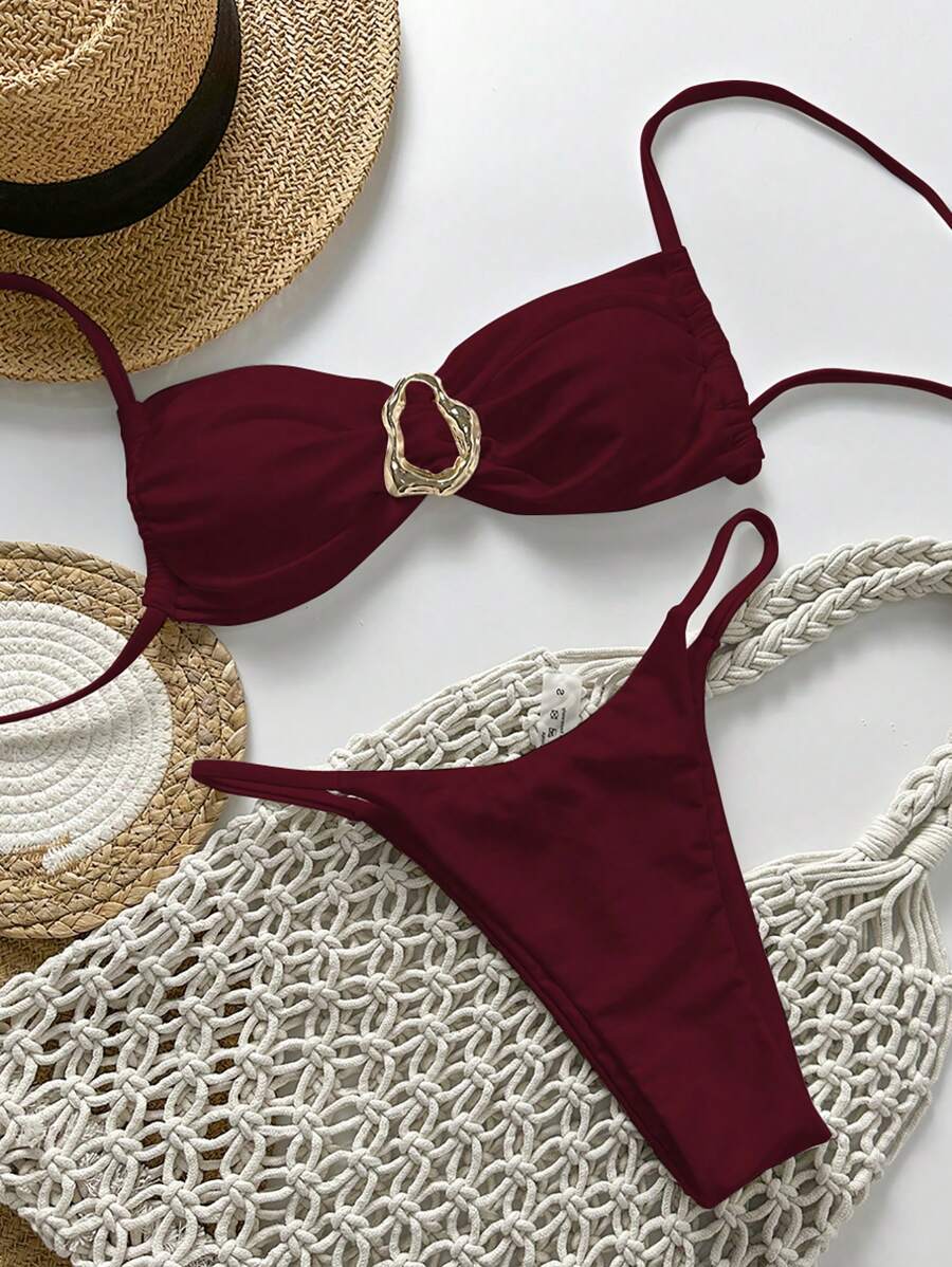 Pembe Straplez Bağcıklı Metal Detaylı Bikini Takımı Niebbla