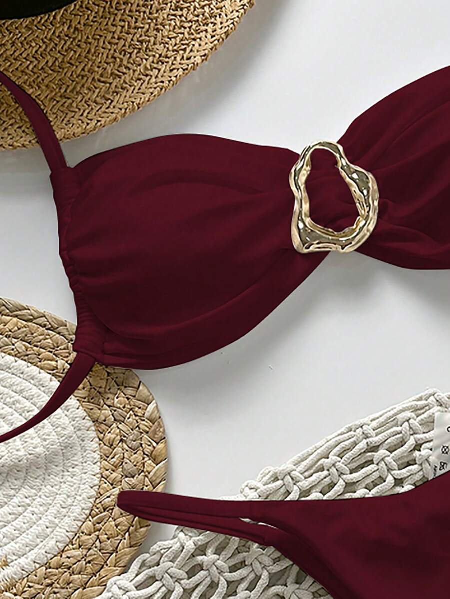 Pembe Straplez Bağcıklı Metal Detaylı Bikini Takımı Niebbla