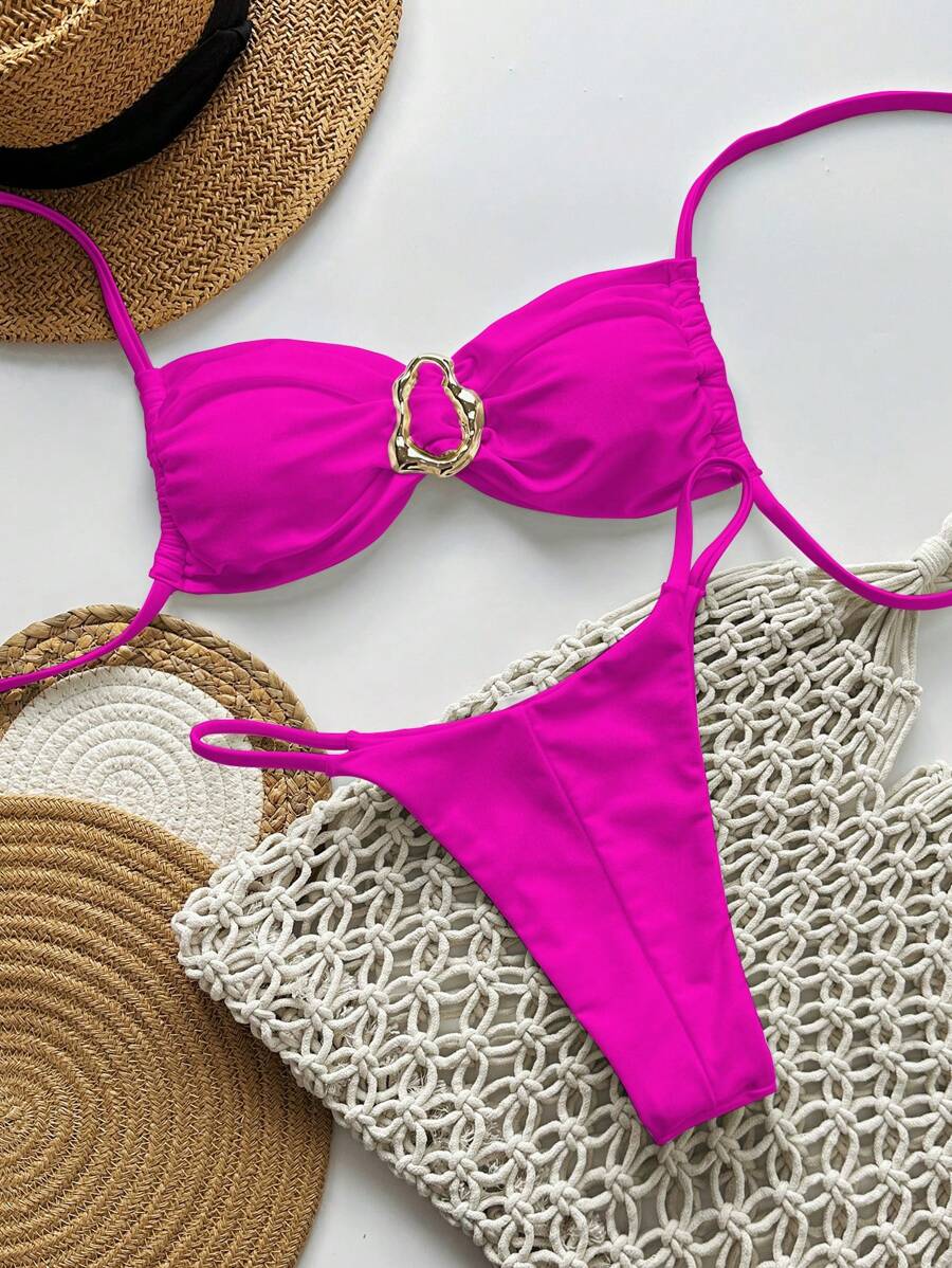 Pembe Straplez Bağcıklı Metal Detaylı Bikini Takımı Niebbla