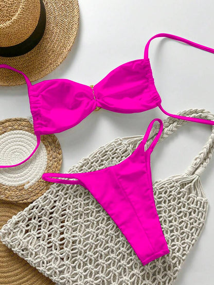 Pembe Straplez Bağcıklı Metal Detaylı Bikini Takımı Niebbla