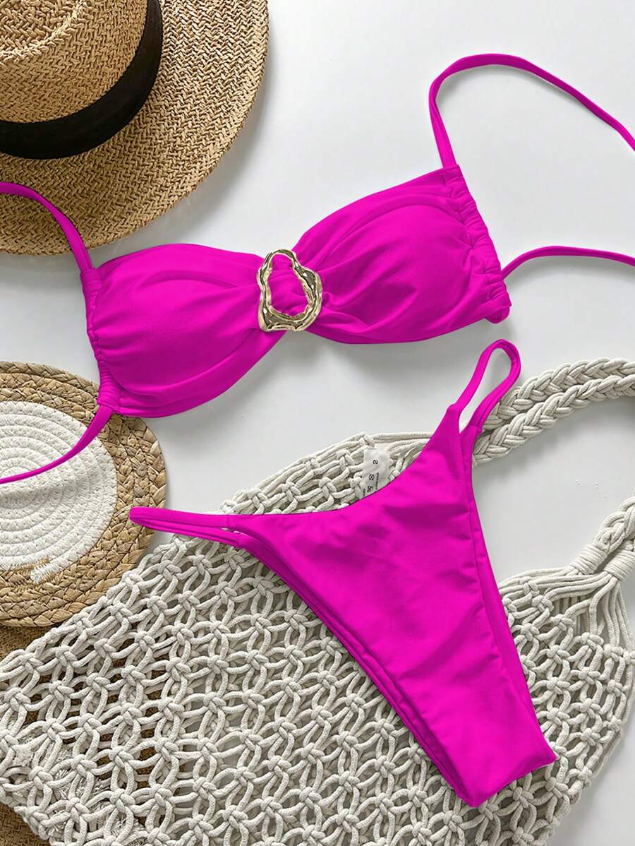 Pembe Straplez Bağcıklı Metal Detaylı Bikini Takımı Niebbla