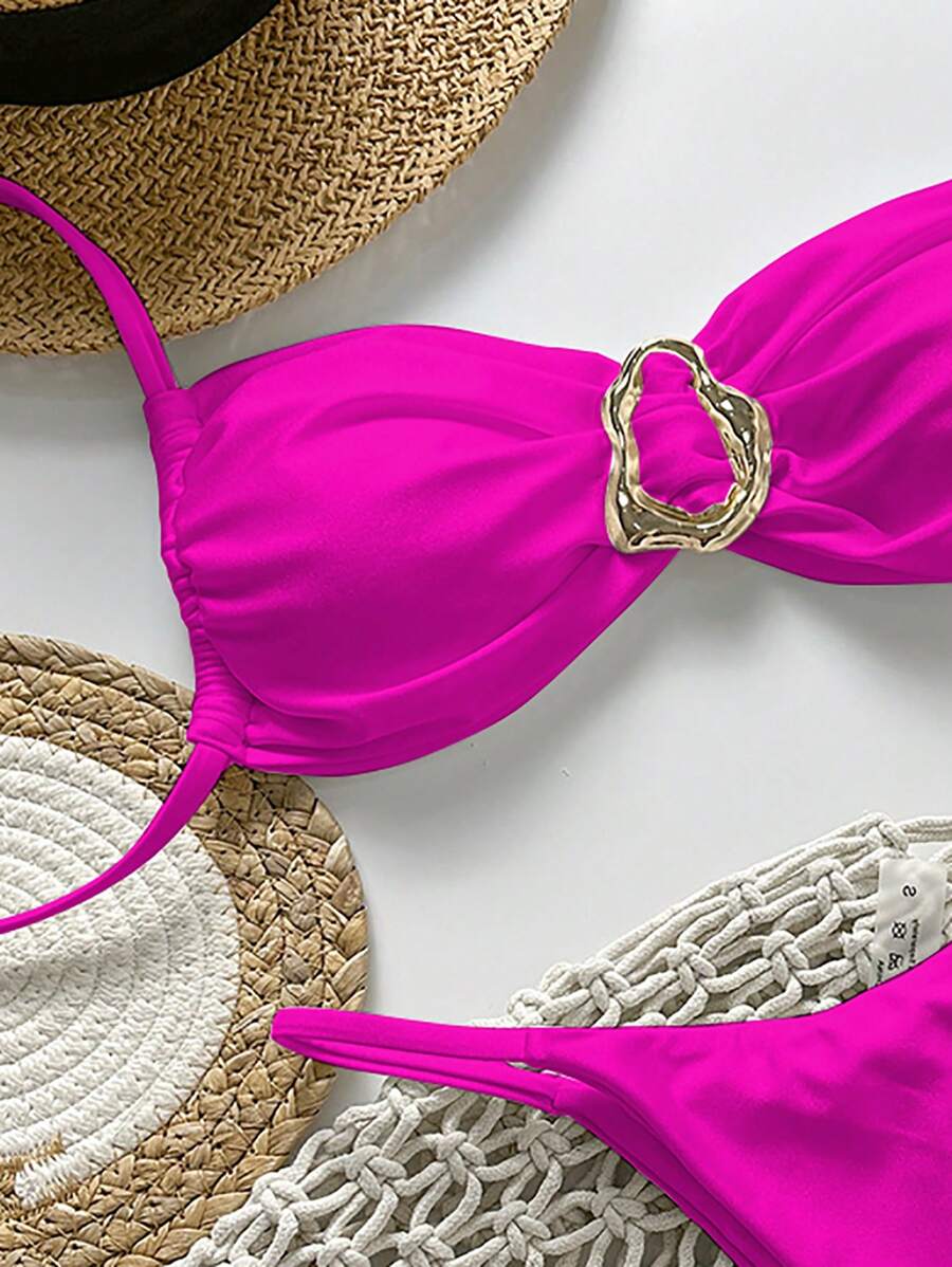 Pembe Straplez Bağcıklı Metal Detaylı Bikini Takımı Niebbla