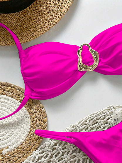 Pembe Straplez Bağcıklı Metal Detaylı Bikini Takımı Niebbla