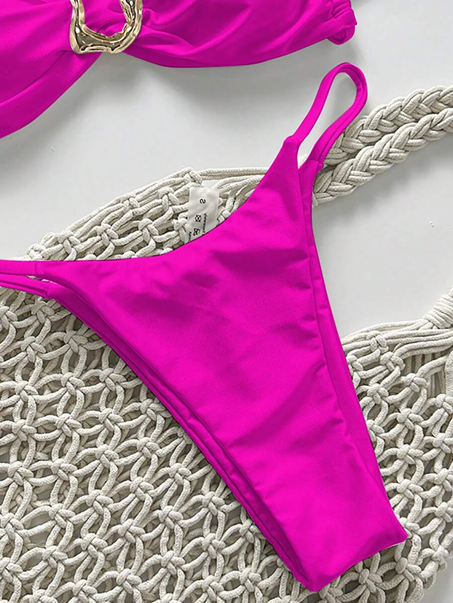 Pembe Straplez Bağcıklı Metal Detaylı Bikini Takımı Niebbla