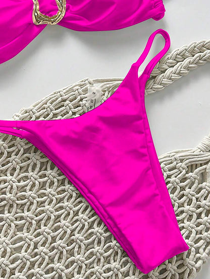 Pembe Straplez Bağcıklı Metal Detaylı Bikini Takımı Niebbla