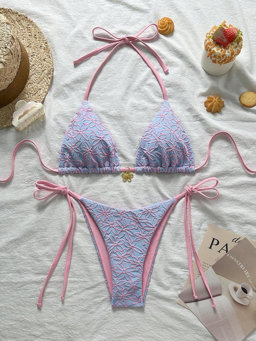 Çiçek Desenli Boyundan Bağlamalı Bikini Ve Bağcıklı Bikini Altı Takımı Niebbla