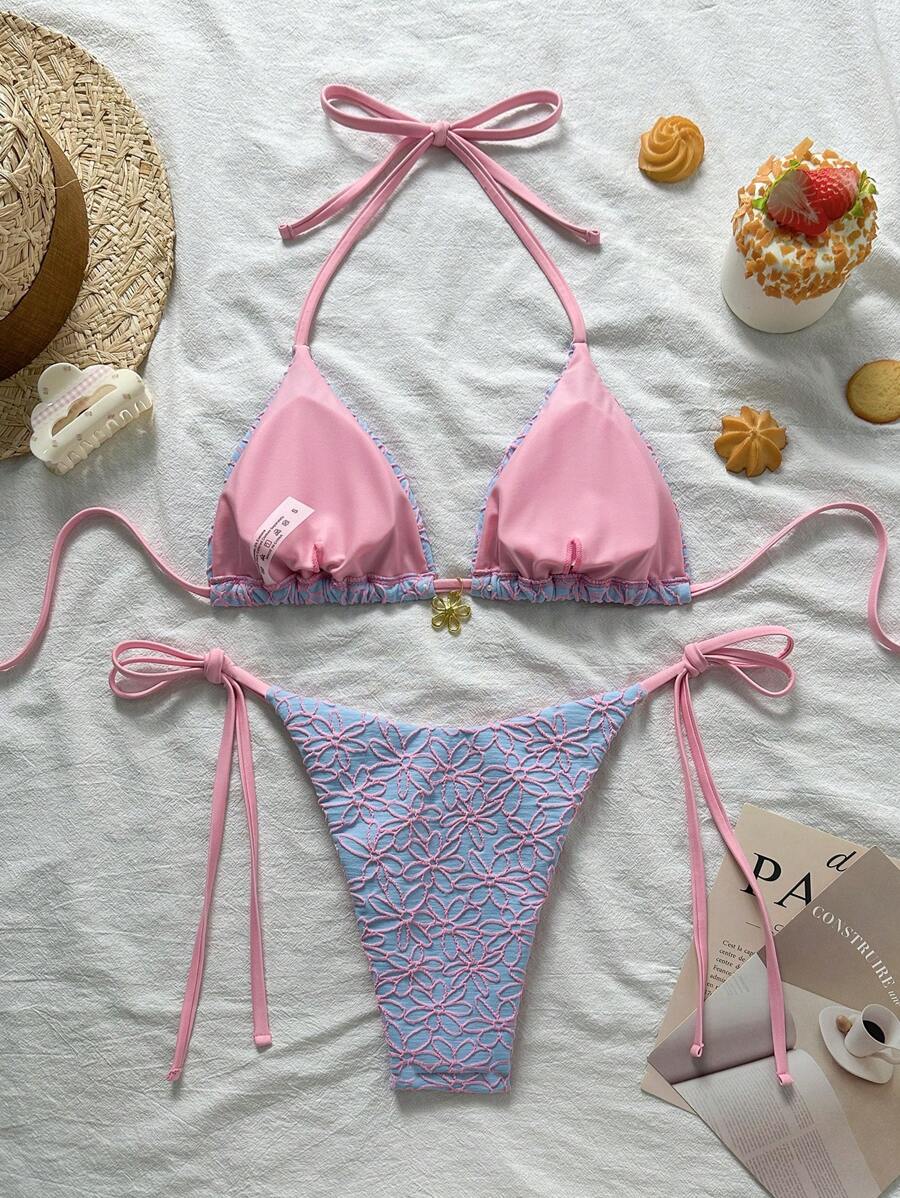 Çiçek Desenli Boyundan Bağlamalı Bikini Ve Bağcıklı Bikini Altı Takımı Niebbla