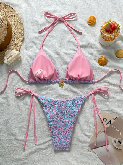 Çiçek Desenli Boyundan Bağlamalı Bikini Ve Bağcıklı Bikini Altı Takımı Niebbla