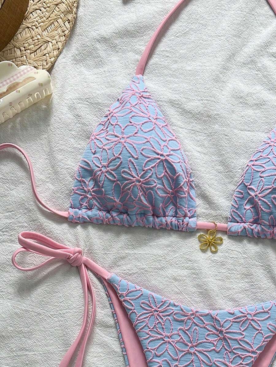 Çiçek Desenli Boyundan Bağlamalı Bikini Ve Bağcıklı Bikini Altı Takımı Niebbla